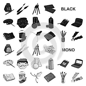 Painter and drawing black icons in set collection for design. Artistic accessories vector symbol stock web illustration.