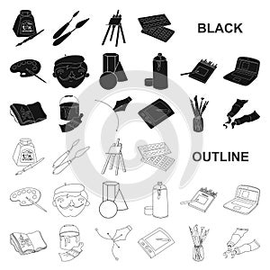 Painter and drawing black icons in set collection for design. Artistic accessories vector symbol stock web illustration.