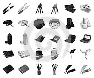 Painter and drawing black,monochrome icons in set collection for design. Artistic accessories vector symbol stock web