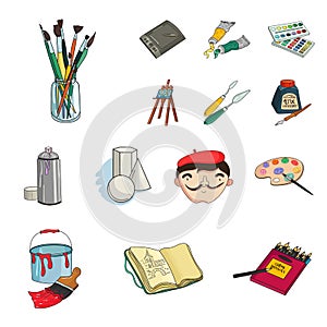 Painter and drawing cartoon icons in set collection for design. Artistic accessories vector symbol stock web