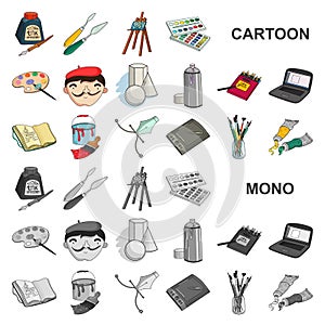 Painter and drawing cartoon icons in set collection for design. Artistic accessories vector symbol stock web