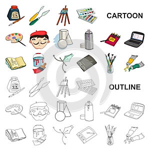 Painter and drawing cartoon icons in set collection for design. Artistic accessories vector symbol stock web