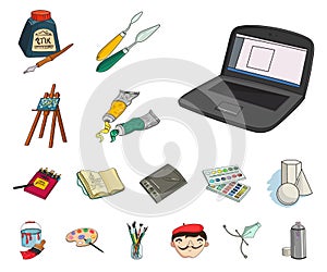 Painter and drawing cartoon icons in set collection for design. Artistic accessories vector symbol stock web