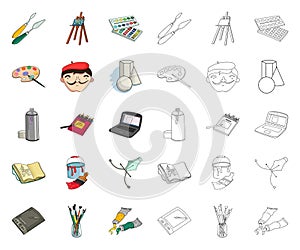 Painter and drawing cartoon,outline icons in set collection for design. Artistic accessories vector symbol stock web
