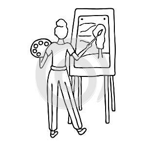 Painter drawing on easel. Hand drawn outline doodle vector illustration. Woman artist with palette painting landscape on canvas