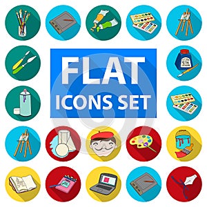 Painter and drawing flat icons in set collection for design. Artistic accessories vector symbol stock web illustration.