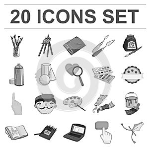 Painter and drawing monochrome icons in set collection for design. Artistic accessories vector symbol stock web