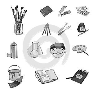 Painter and drawing monochrome icons in set collection for design. Artistic accessories vector symbol stock web