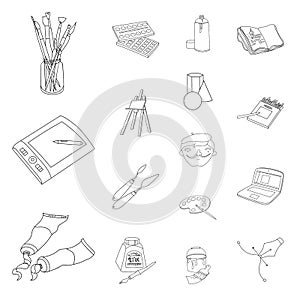 Painter and drawing outline icons in set collection for design. Artistic accessories vector symbol stock web
