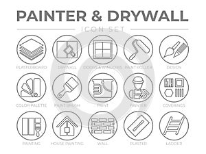 Painter and Drywall Round Outline Icon Set