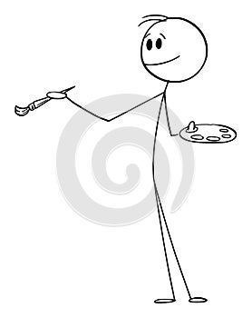 Painter Holding Brush and Palette and Panting Something, Vector Cartoon Stick Figure Illustration