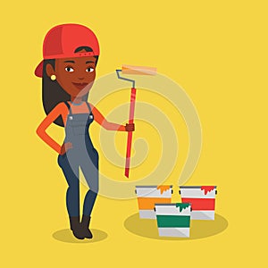 Painter holding paint roller vector illustration.