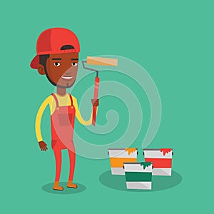 Painter holding paint roller vector illustration.