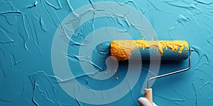 painter holds painting roller in hand and paints blue wall yellow paint