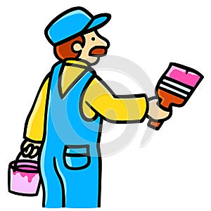 Painter man in overall and cap with brush and paint bucket