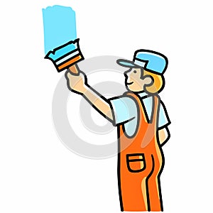 Painter man in overall and cap with brush and paint bucket