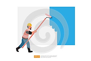 Painter man Painting Wall with Roller Brush. Vector Illustration of Construction Worker Character