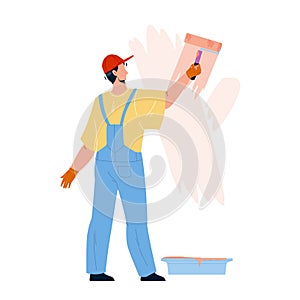 Painter Man Painting Wall With Roller Tool Vector