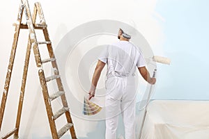 Painter man at work with a paint roller and color samples