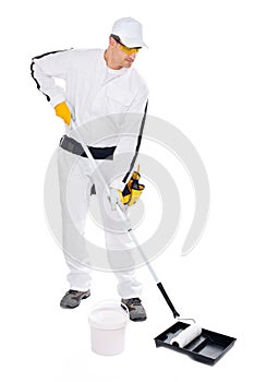 Painter paint roller bucket on white background