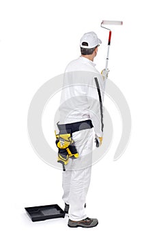 Painter paint roller bucket on white background