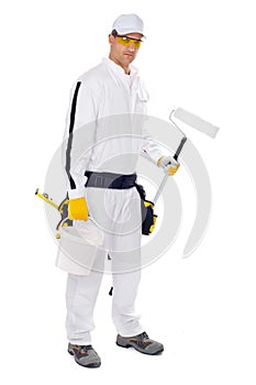 Painter paint roller bucket on white background