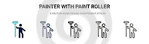 Painter with paint roller icon in filled, thin line, outline and stroke style. Vector illustration of two colored and black