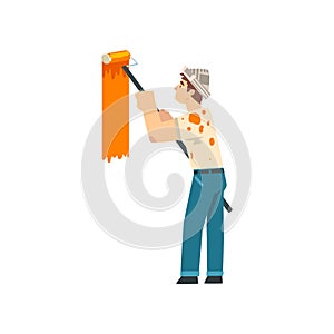 Painter Painting Wall with Roller, Male Construction Worker Character in Paper Cap with Professional Equipment Vector