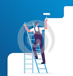 Painter painting wall. Worker on ladder paints home. Repair service and renovation vector concept