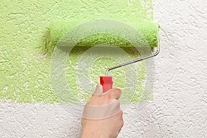 Painter paints a wall with a paint roller