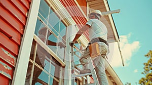 A painter paints the window of a private house from the outside.