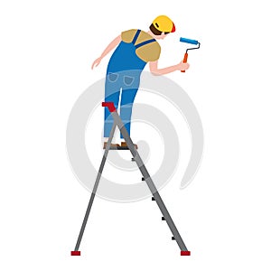 Painter proffessional character man at work. Male painter in uniform applying paint to wall with paint roller, on the