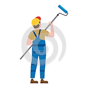 Painter proffessional character man at work. Male painter in uniform applying paint to wall with paint roller. Vector