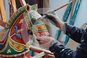 painter refurbishing a colorful vintage rocking horse