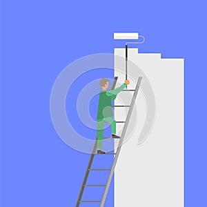 Painter with Roller Painting Wall. Worker on Ladder Paints Home. Renovation and Repair Service Concept.