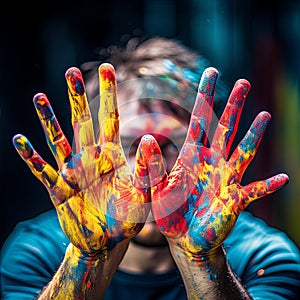 Painter& x27;s hands colored with tempera paints , generated by AI