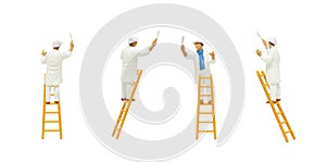 Painter standing on wooden ladder and posturing in painting wall with paint tools isolated on white background.