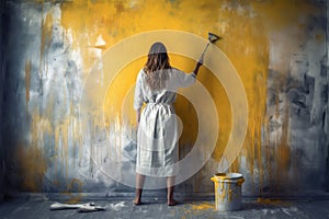 Painter woman unpaint wall. Generate Ai