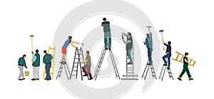 Painter workers on ladder vector illustration isolated on white. Man decorator painting wall with paint brush. Crew renovation.