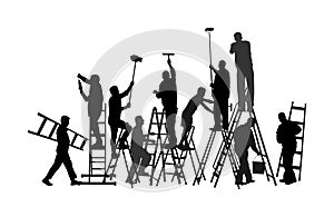 Painter workers on ladder vector silhouette isolated on white background. Man decorator painting wall with paint brush roller. photo