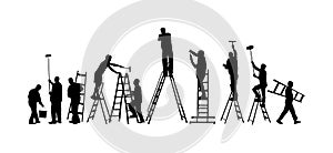 Painter workers on ladder vector silhouette isolated on white. Man decorator painting wall with paint brush roller Crew renovation