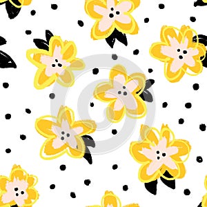 Painterly doodle flowers gold yellow orange black seamless pattern. Repeating modern abstract background.