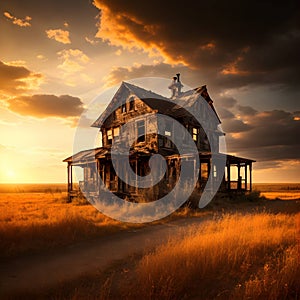 painterly image of the dark abandoned house in rural landscape with different cloudy weather over the land.