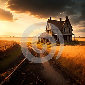 painterly image of the dark abandoned house in rural landscape with different cloudy weather over the land.