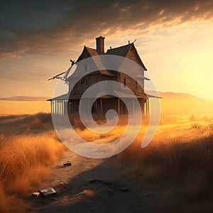 painterly image of the dark abandoned house in rural landscape with different cloudy weather over the land.
