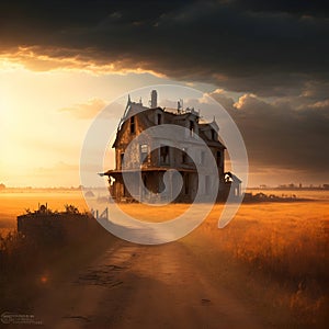 painterly image of the dark abandoned house in rural landscape with different cloudy weather over the land.