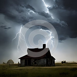 painterly image of the dark abandoned house in rural landscape with different cloudy weather over the land.