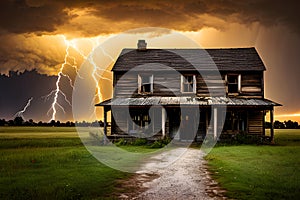 painterly image of the dark abandoned house in rural landscape with different cloudy weather over the land.