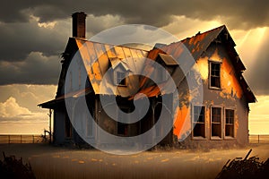 painterly image of the dark abandoned house in rural landscape with different cloudy weather over the land.