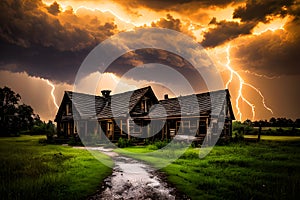 painterly image of the dark abandoned house in rural landscape with different cloudy weather over the land.